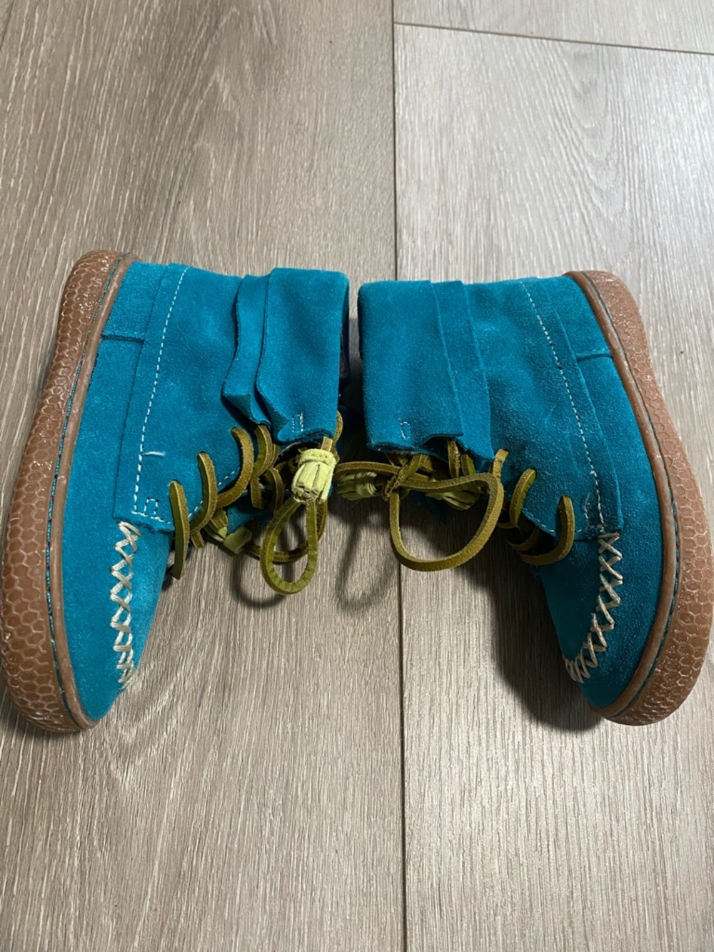 Livie & Luca Teal Suede Moccasins with Olive Laces Blue Leather Boots Girls Sz 8 - Picture 4 of 9